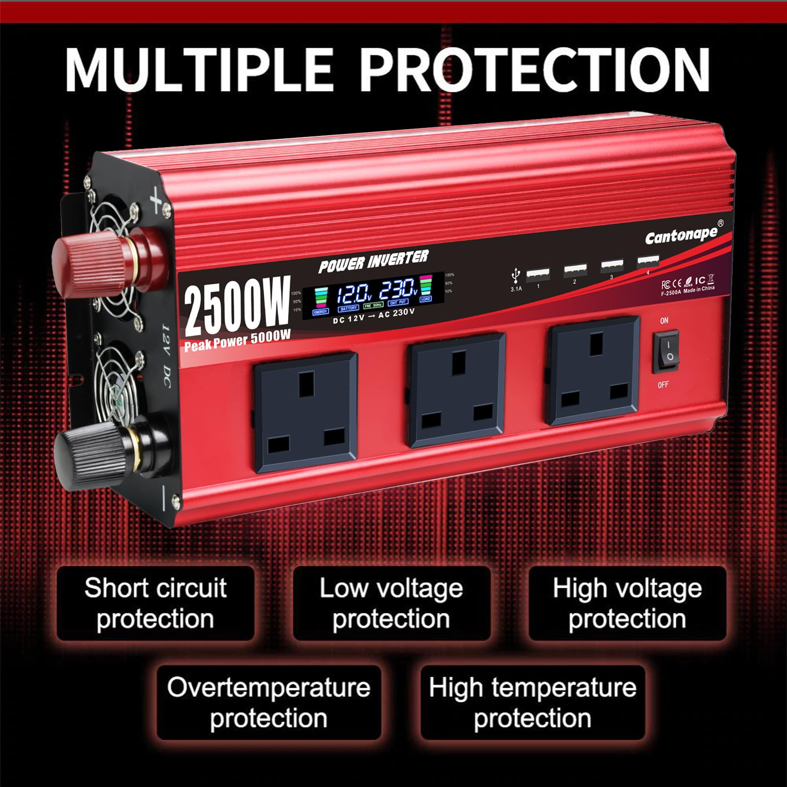Cantonape Inversor De Corriente Coche 2500W 5000W de12V A 220V con 4 USB y 3 tomas Reino Unido con control remoto inalámbrico para Coche, Caravana, Barco, cámping