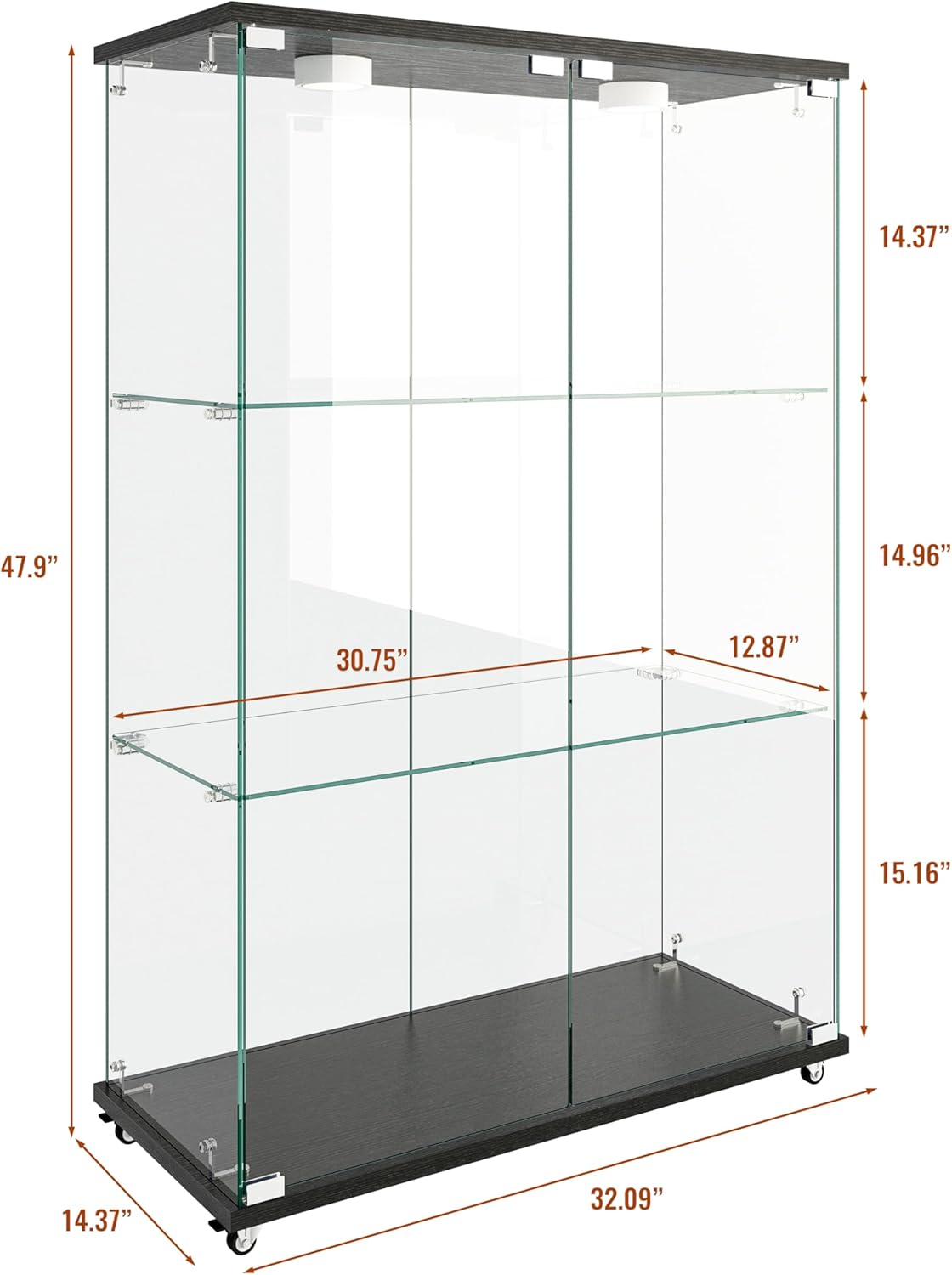 Modern 2-Door 3-Shelf Glass Display Cabinet with LED Lights Tempered Glass Bookshelf Suitable for Living Room and Bedrooms, Transparent+Black (Black)