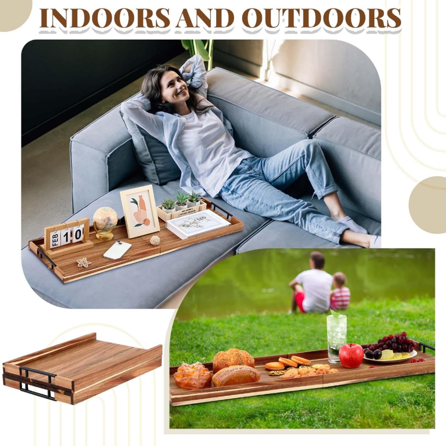 36"x 12" Extra Large Ottoman Tray with Handle Acacia Wooden Charcuterie Board Serving Cheese Boards Tray Oversized Coffee Table Rectangle Supplies for Tea Kitchen Food Beverage Fruit Snack - Image 7