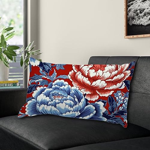 Miniatura 5 de SILYHEART Fundas de almohada lumbares rojas y azules chinoiserie florales, fundas de cojín chinoiserie elegantes asiáticas, fundas de cojín