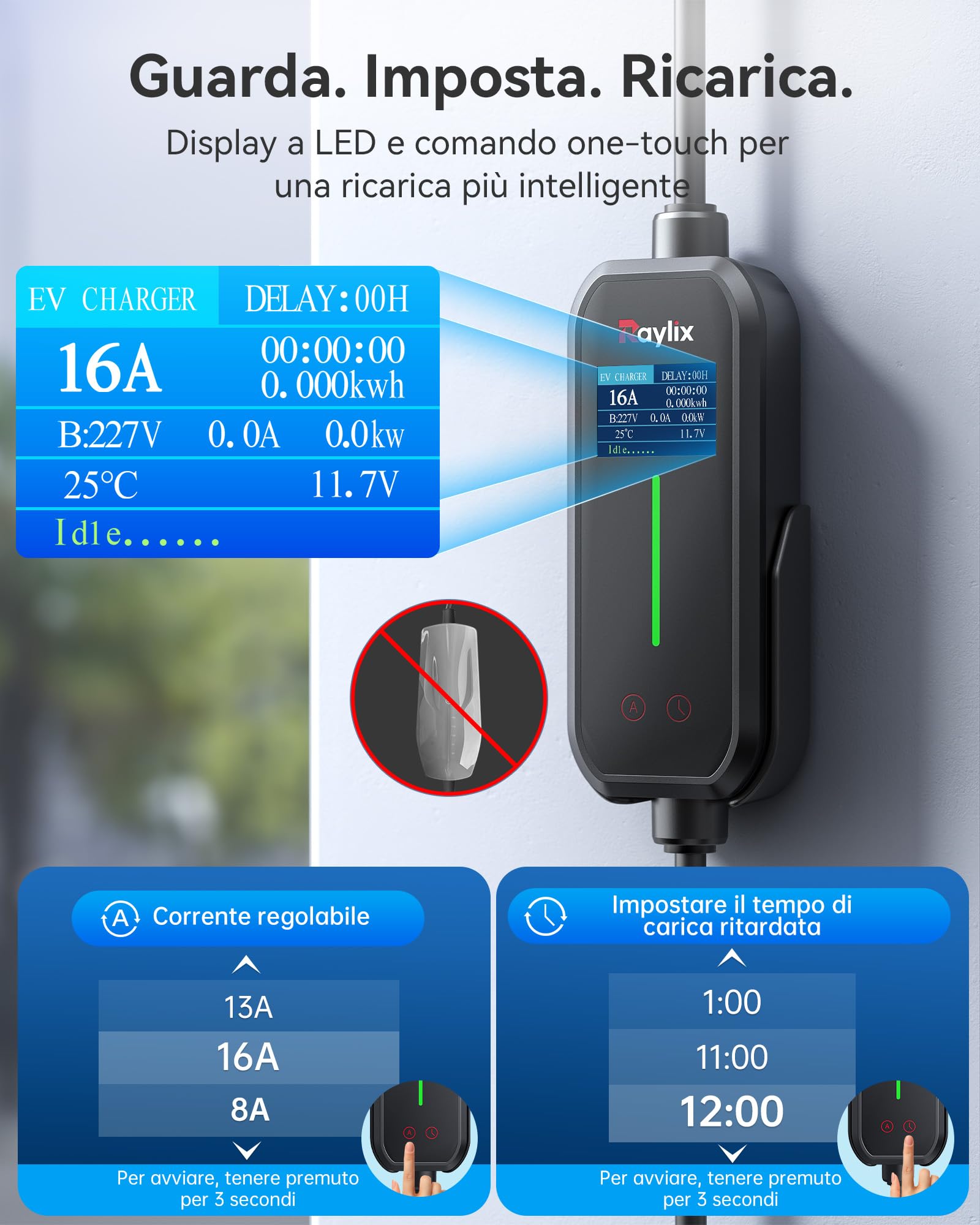 Raylix 3,68 kW Wallbox Colonnina Ricarica Auto Elettrica (7m, 8A-16A, Monofase) Con Contatore Elettrico, Corrente Regolabile e Ricarica Ritardata, Carichino Auto Elettrica Cavo Ricarica Auto Elettrica