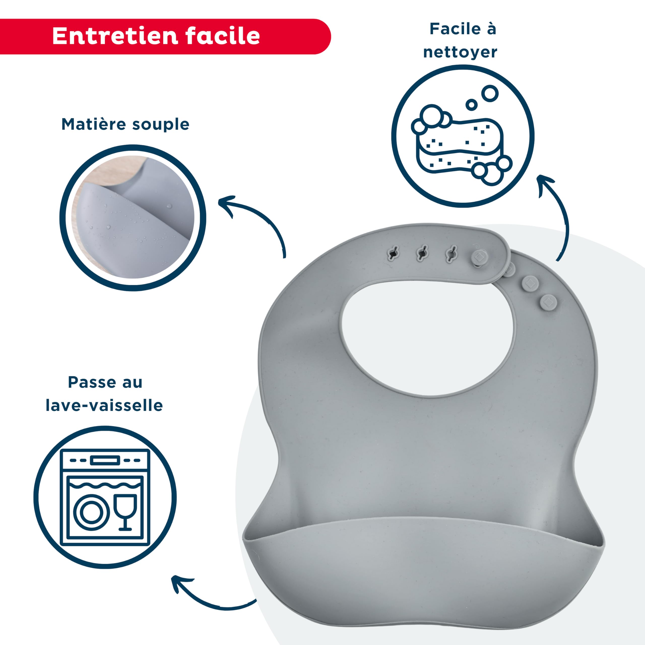 Thermobaby - Juego de 2 baberos de silicona suave para bebés con bolsillo de recogida – Ajustable y fácil de limpiar – Ideal para comidas, práctico e impermeable