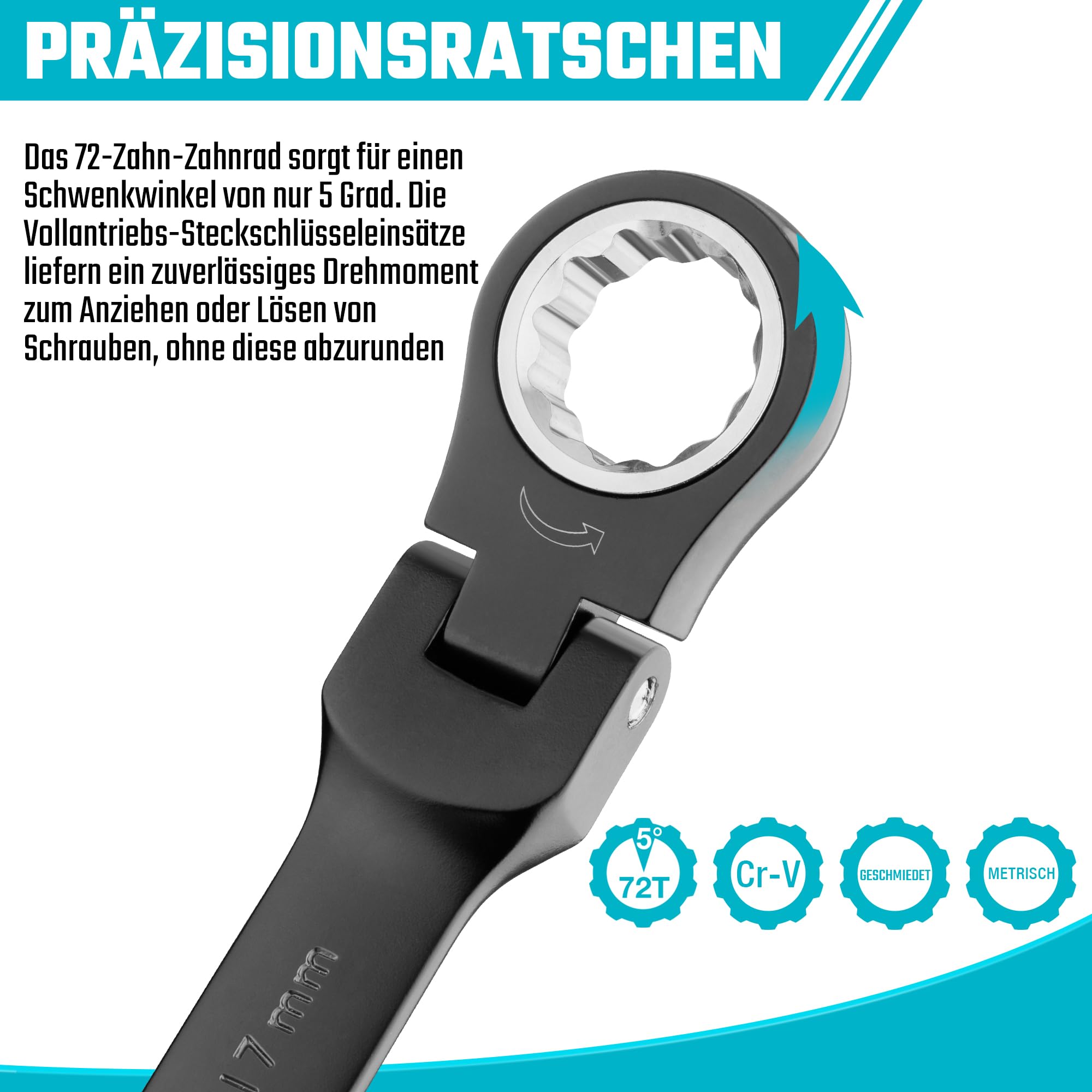 DURATECH 9-tlg. Flex-Kopf Ratschenringschlüssel Set, Cr-V Stahl, Schwarz