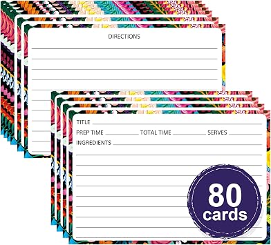 KiDEPOCH 80 Pack 4 x 6 بوصة بطاقات وصفات، بطاقات وصفات طبخ لمجلد الوصفات، بطاقات وصفات على الوجهين مع خطوط لحفلات الزفاف، دش الزفاف، هدايا عيد الميلاد تصميم الزهور المتفتحة