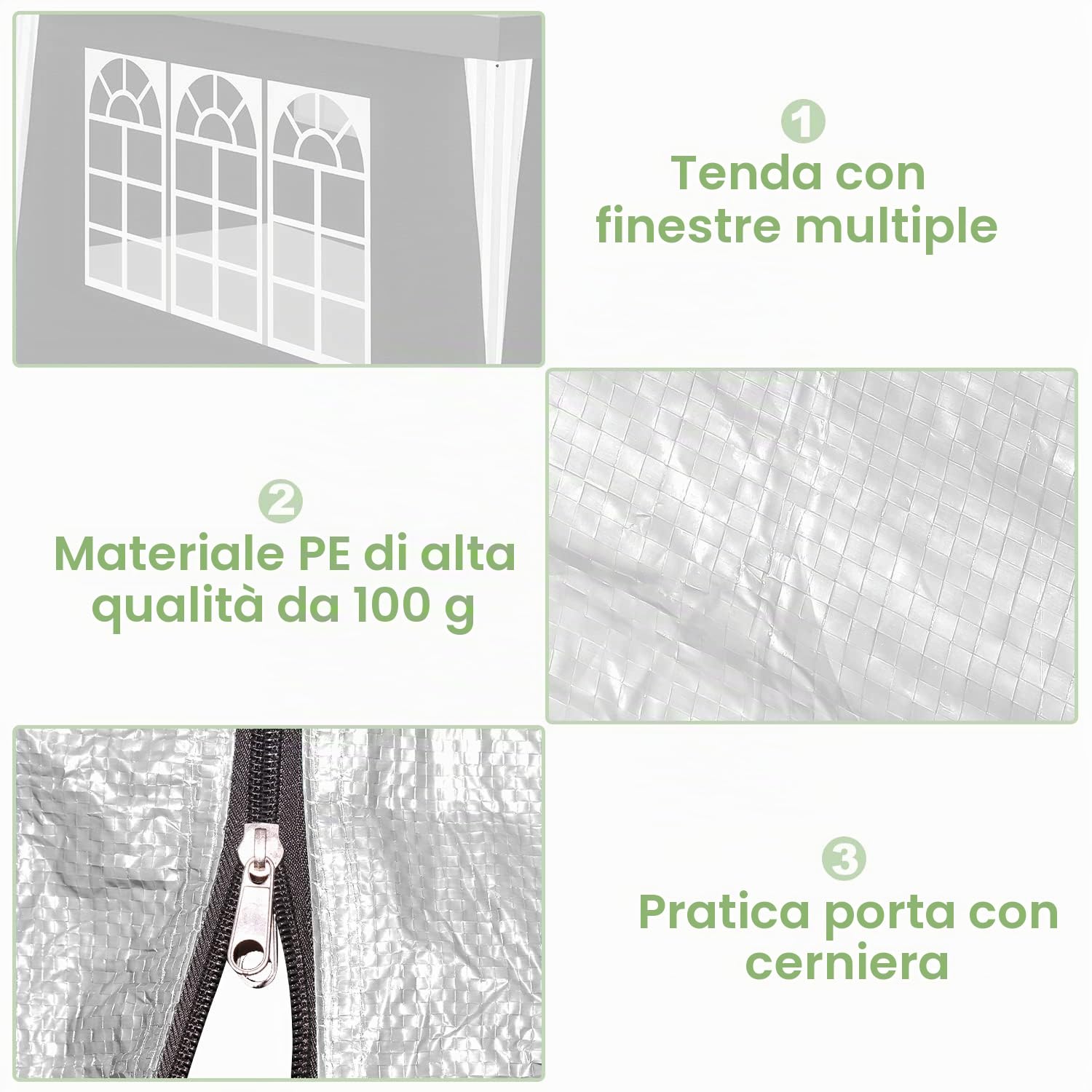 Gazebo da giardino, 3 x 3 m, impermeabile, resistente ai raggi UV, 100 g/m², in polietilene di alta qualità, con 4 pannelli laterali, colore bianco