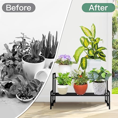 Miniatura 6 de Soporte para plantas para interiores y exteriores, soportes de hierro forjado de 2 niveles, estante de metal apilable para plantas, soporte