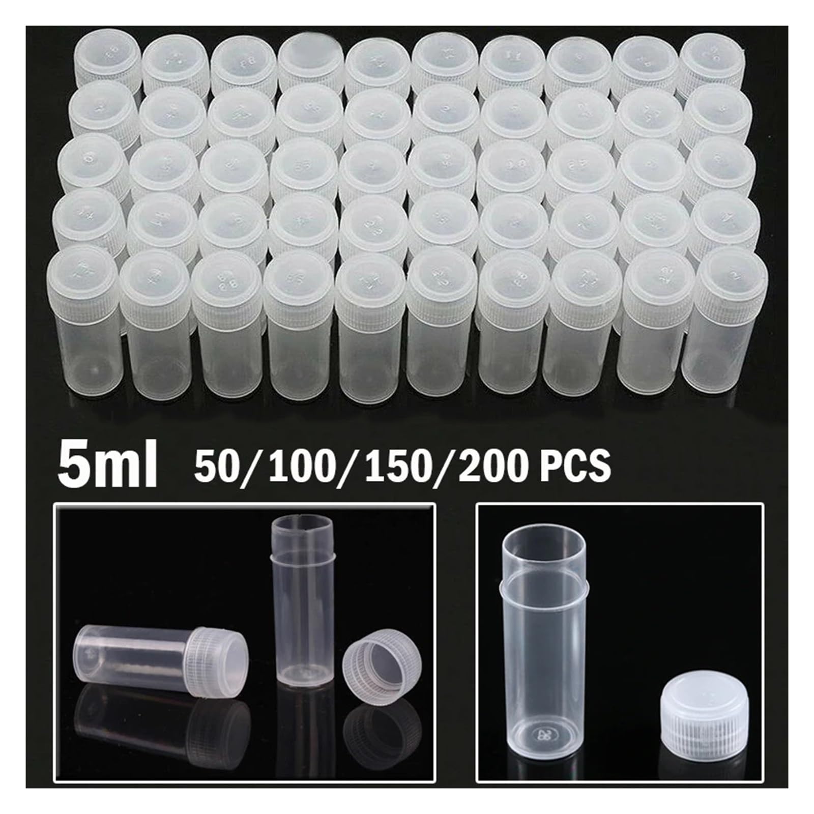 MENGKE 50-200 PCS 5ML Mini Flat-Bottomed Plastic Clear Test Tubes With Screw Caps Cosmetic Travel Lotion Storage Containers(200 pcs)