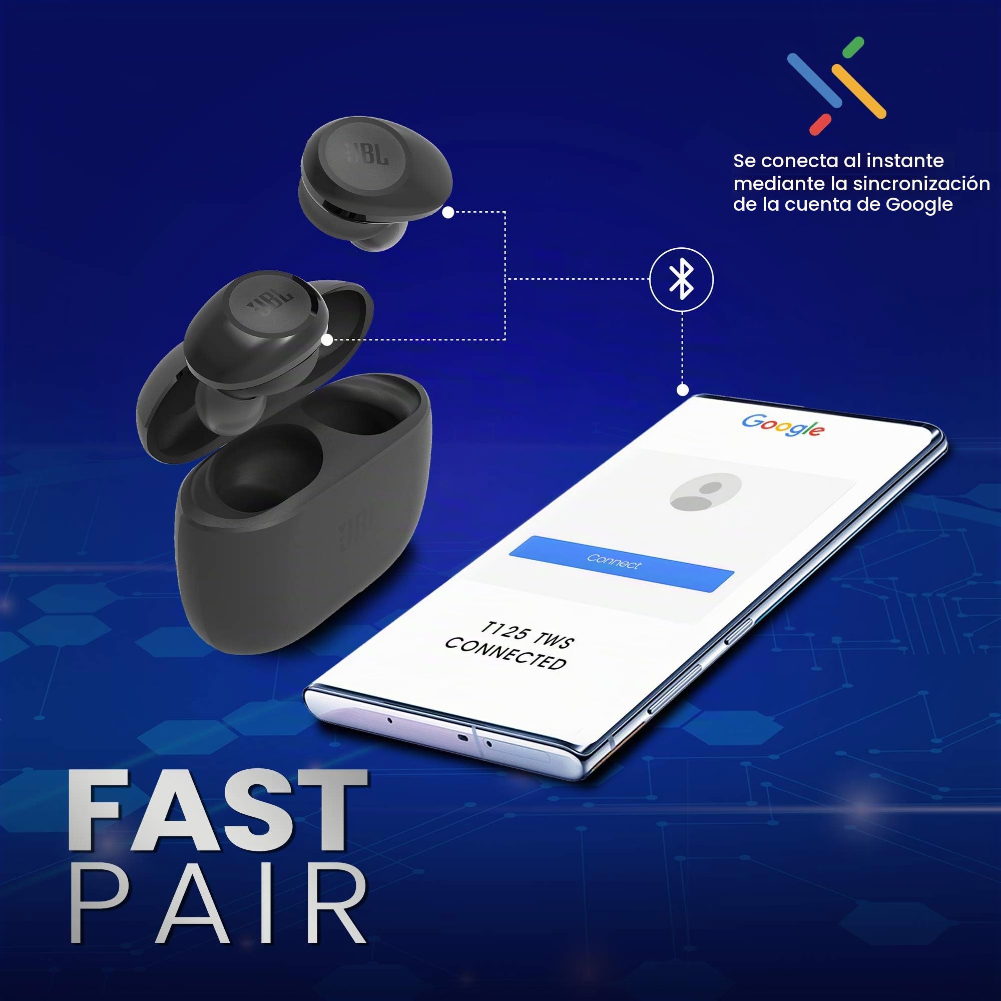 JBL Tune 125 TWS Auriculares intraaurales True Wireless con Bluetooth, Sonido Pure Bass y modo Dual Connect, hasta 32 hrs de música con estuche de carga, negro