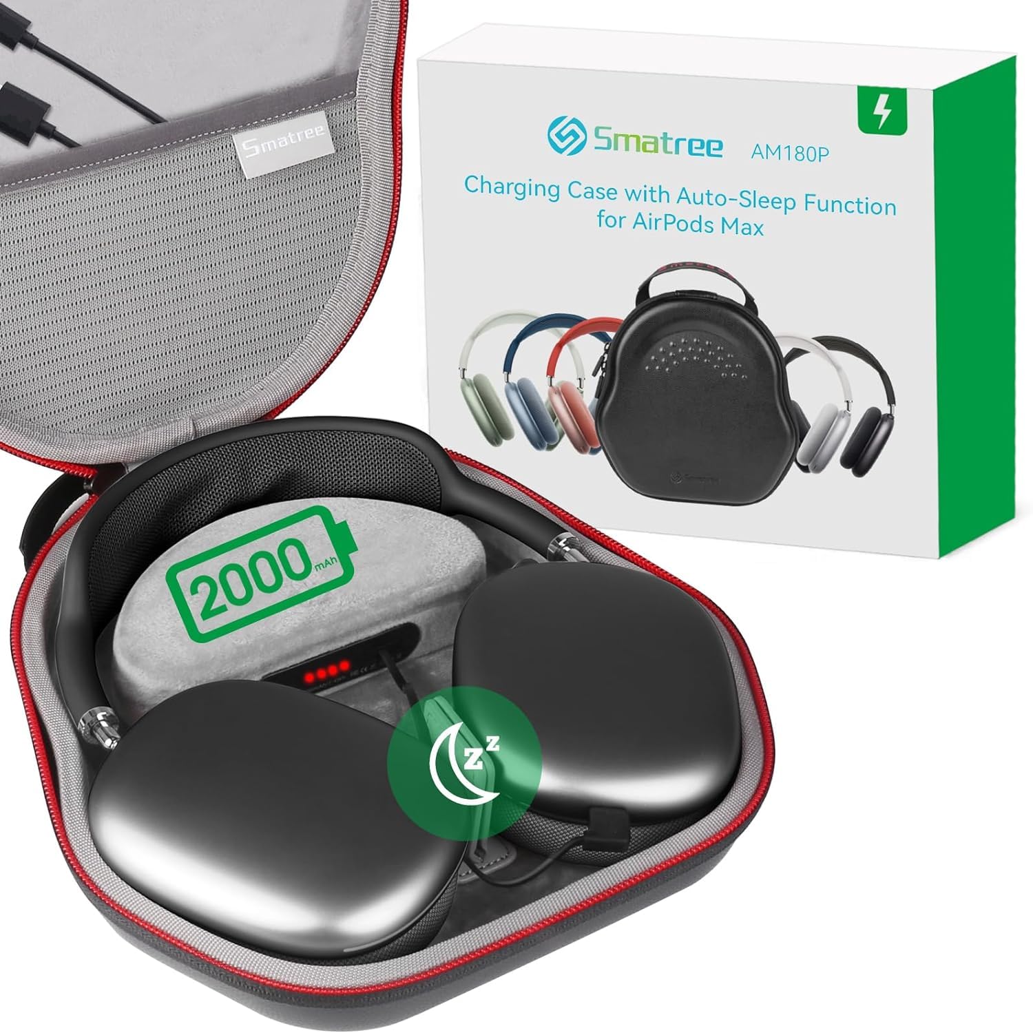 Smatree Charging Case for Airpods Max Over-Ear Headphone 2024, USB-C Charging,2000mAh Battery Charging-Bag with Sleep Mode,Airpods-Max Protective Case
