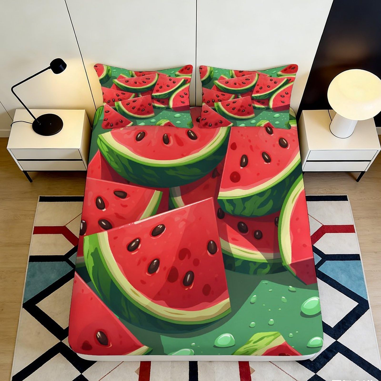 3D Printed Watermelon Slice Fitted Sheet Microfiber Soft Breathable Fruit Bed Cover for Bedroom Dorm Mattress Decor 120x200x25cm