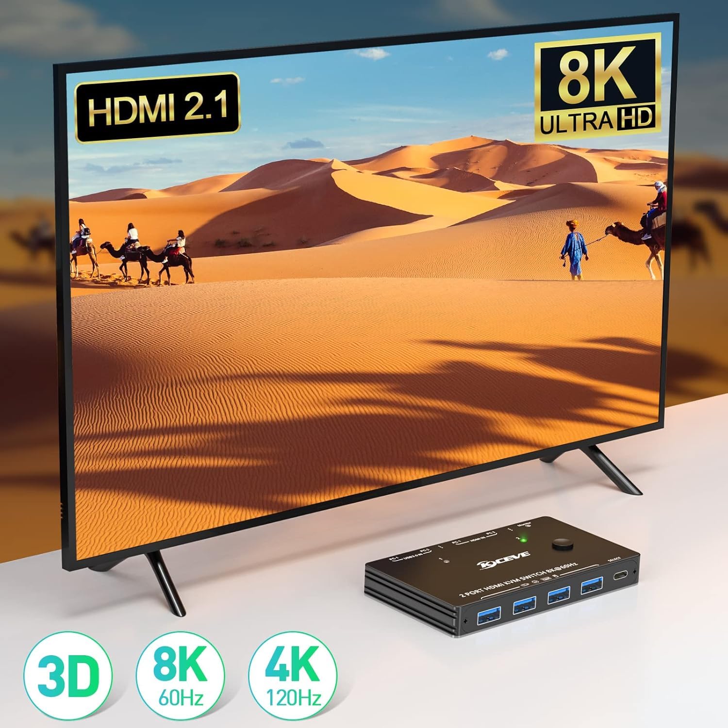 KCEVE 8K USB 3.0 Commutateur KVM HDMI Commutateur KVM 2 Ports Supporte une résolution de 7680 * 4320@60Hz, 3840 * 2160 @ 120Hz pour 2 Ordinateurs, la Souris, Clavier et Moniteur