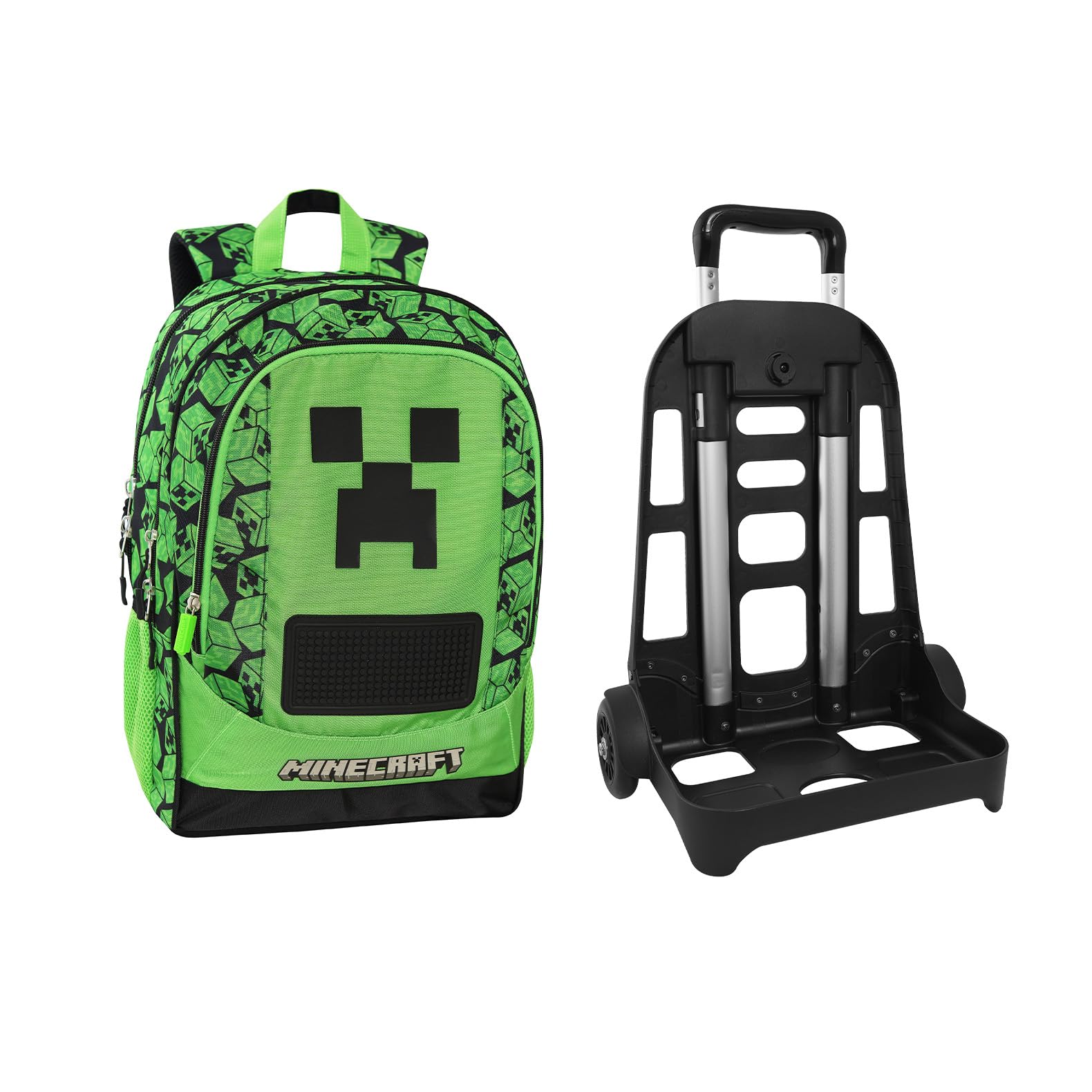 MINECRAFT - Zaino Scuola Trolley Ufficiale Minecraft, Maniglia Regolabile, Trolley Staccabile, Spallacci Imbottiti e Regolabili, 2 Scomparti Principali, Tasche Frontali con Zip, 34x52Hx22 cm, Verde