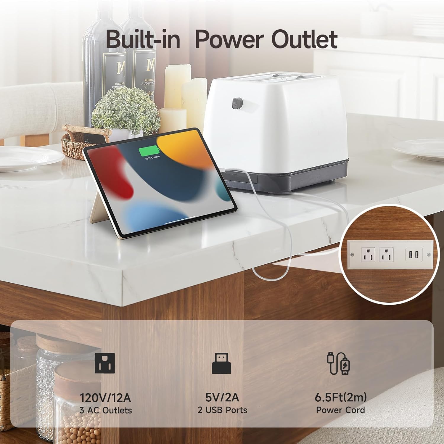 ONBRILL 61"*31" Whole Board of Tabletop Kitchen Island Table with Storage Space, Power Outlet & LED Lights, Modern Imitation Marble Large Counter Height Dining Table for 4 (White)