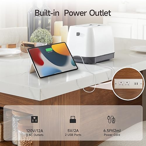 Miniatura 6 de ONBRILL Tabla completa de mesa de isla de cocina de 61 x 31 pulgadas con espacio de almacenamiento, toma de corriente y luces LED, mesa de comedor