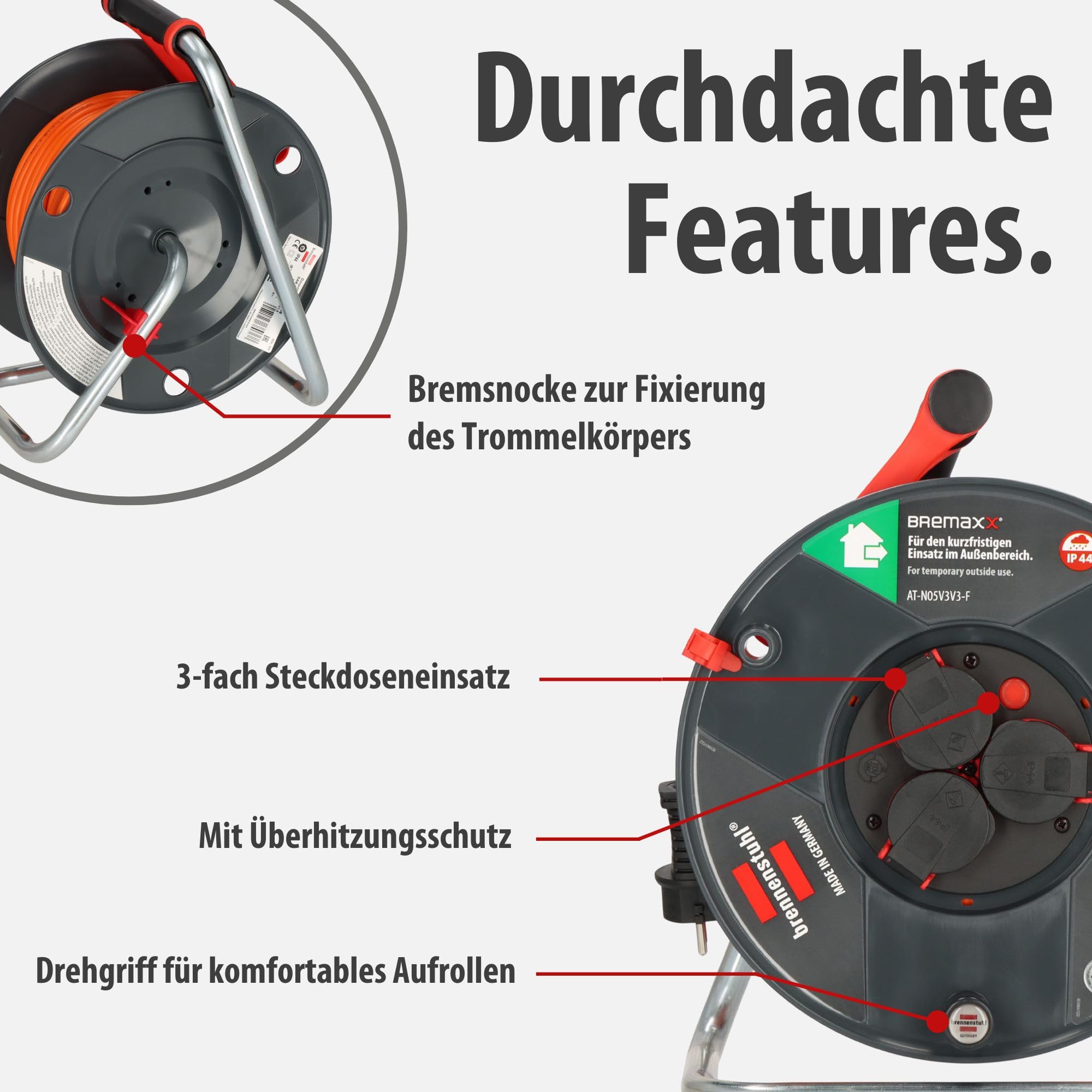 Brennenstuhl Garant V2 IP44 Kabeltrommel 50m Outdoor (Made in Germany, 3 Schutzkontakt-Steckdosen, Überhitzungsschutz, kurzfristiger Einsatz im Außenbereich)