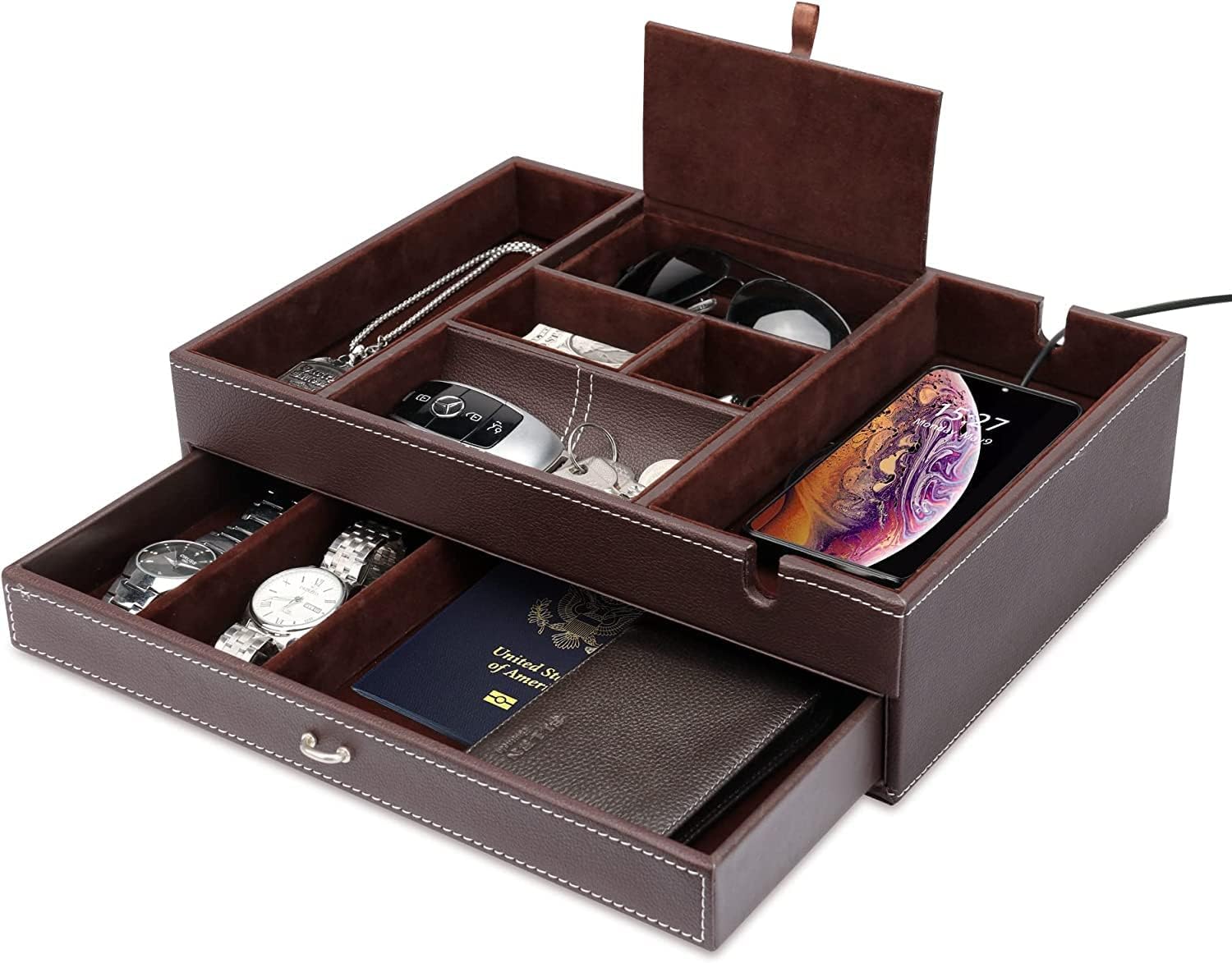 Mens Valet Box，2 Layers Dresser Top Nightstand Organizers, EDC Dump
