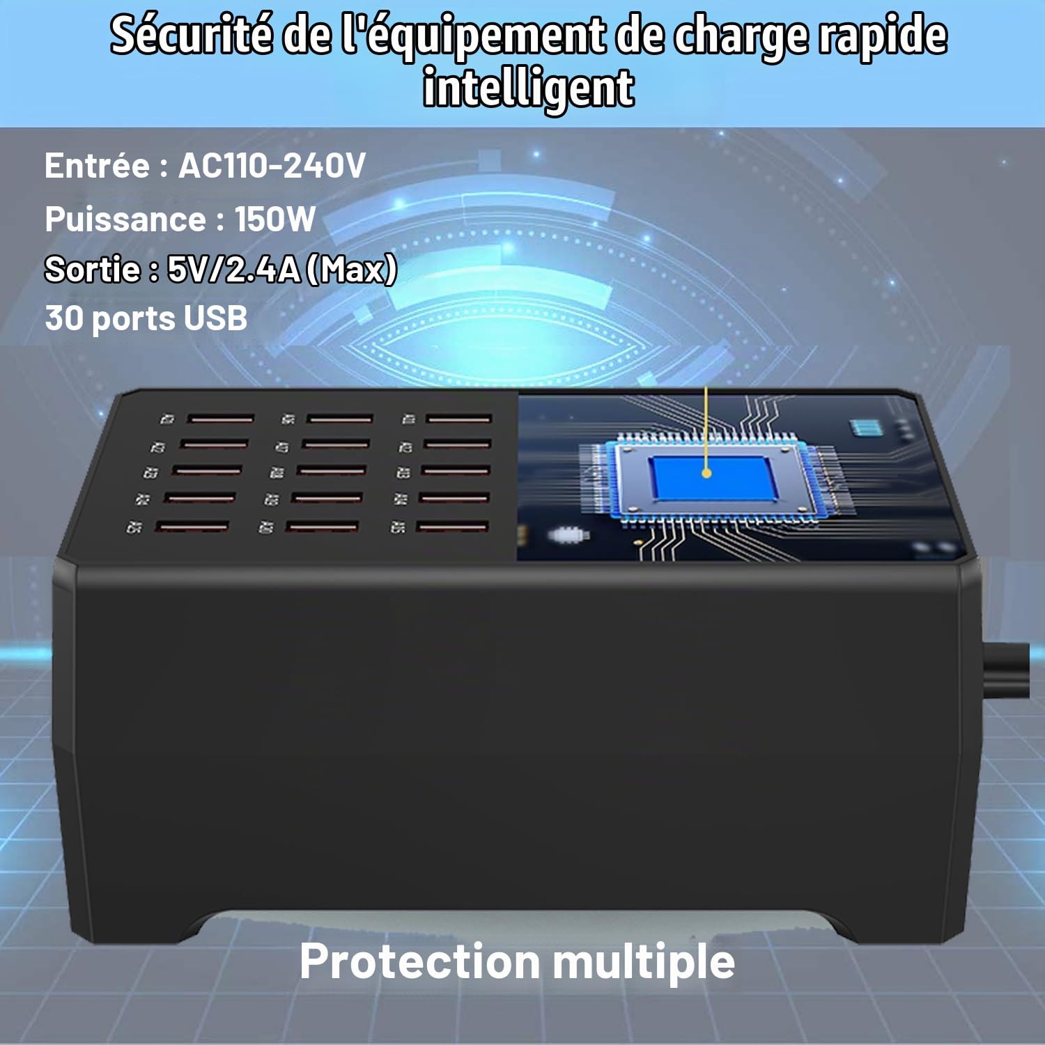 Station de Charge USB Balabaxer, 30 Ports 150W/30A, Station de Charge USB multiports pour Smartphones, tablettes et Autres appareils.
