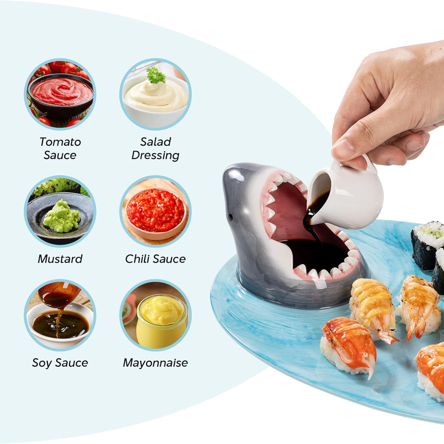 Ceramic Shark Plate with Dipping Sauce Bowl, Blue Handmade Sushi Serving Platter, Microwave Oven Dishwasher Safe, Ellipse Shape, Holiday Birthday Gift for Shark Party Lovers