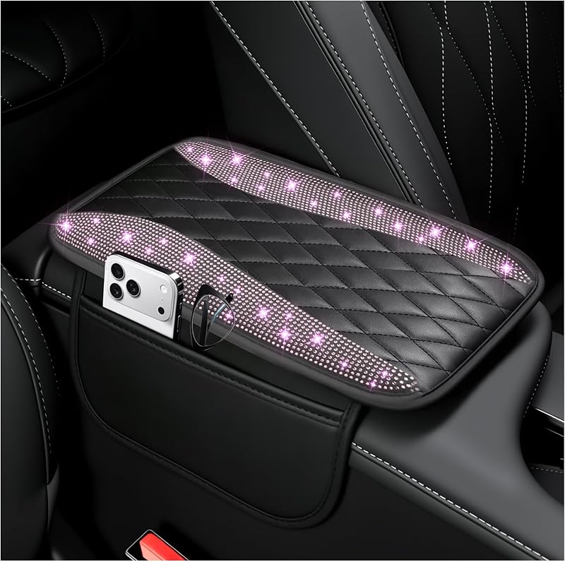 Capa para apoio de braço do console central IHOTDER com strass e bolsos laterais – Rosa com brilho