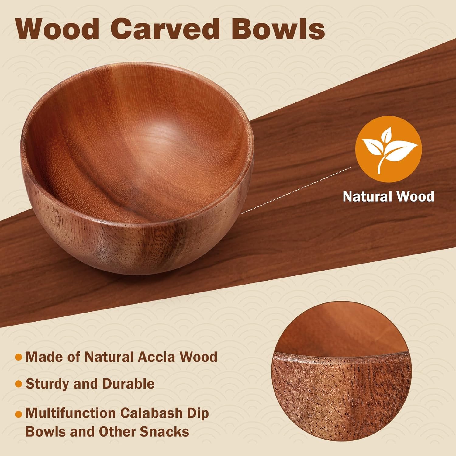 Skylety 5in 8pcs Acacia Wooden Bowls Small Calabash Bowls Round Wood Salad Hand Carved Calabash Dip Tray for Serving Popcorn Pasta Candy Cereal Coconut Nuts Sauce Appetizers Kitchen
