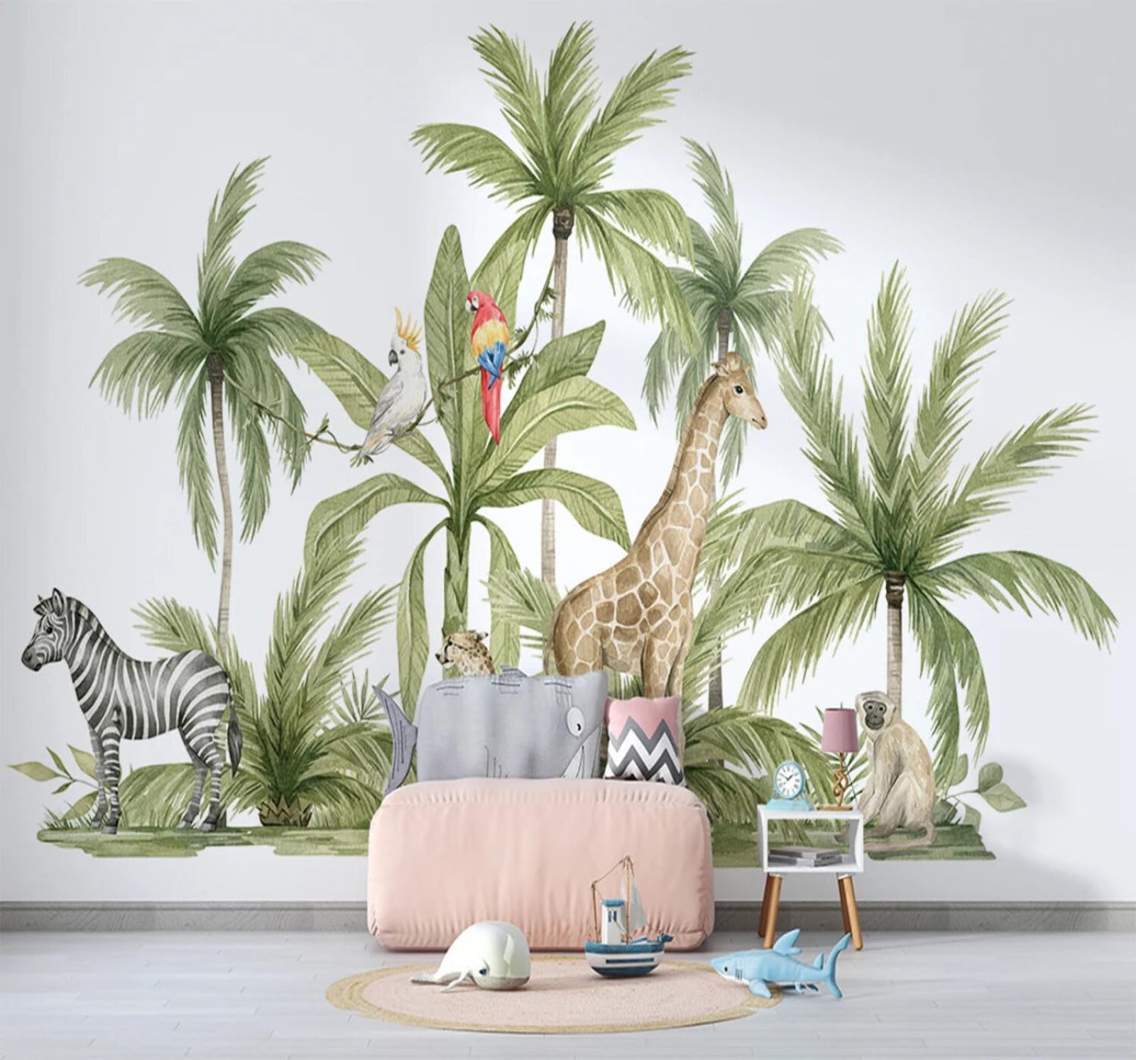 Wallpaper-3D-Xlm 250Cm×170Cm(B×H) Cartoon Watercolour Animals Palm Trees Plants Jungle 3D Wallpaper Easy Install Feature Office Living Room Sofa Bedroom Tv Background Wall Decoration-250Cm×170Cm
