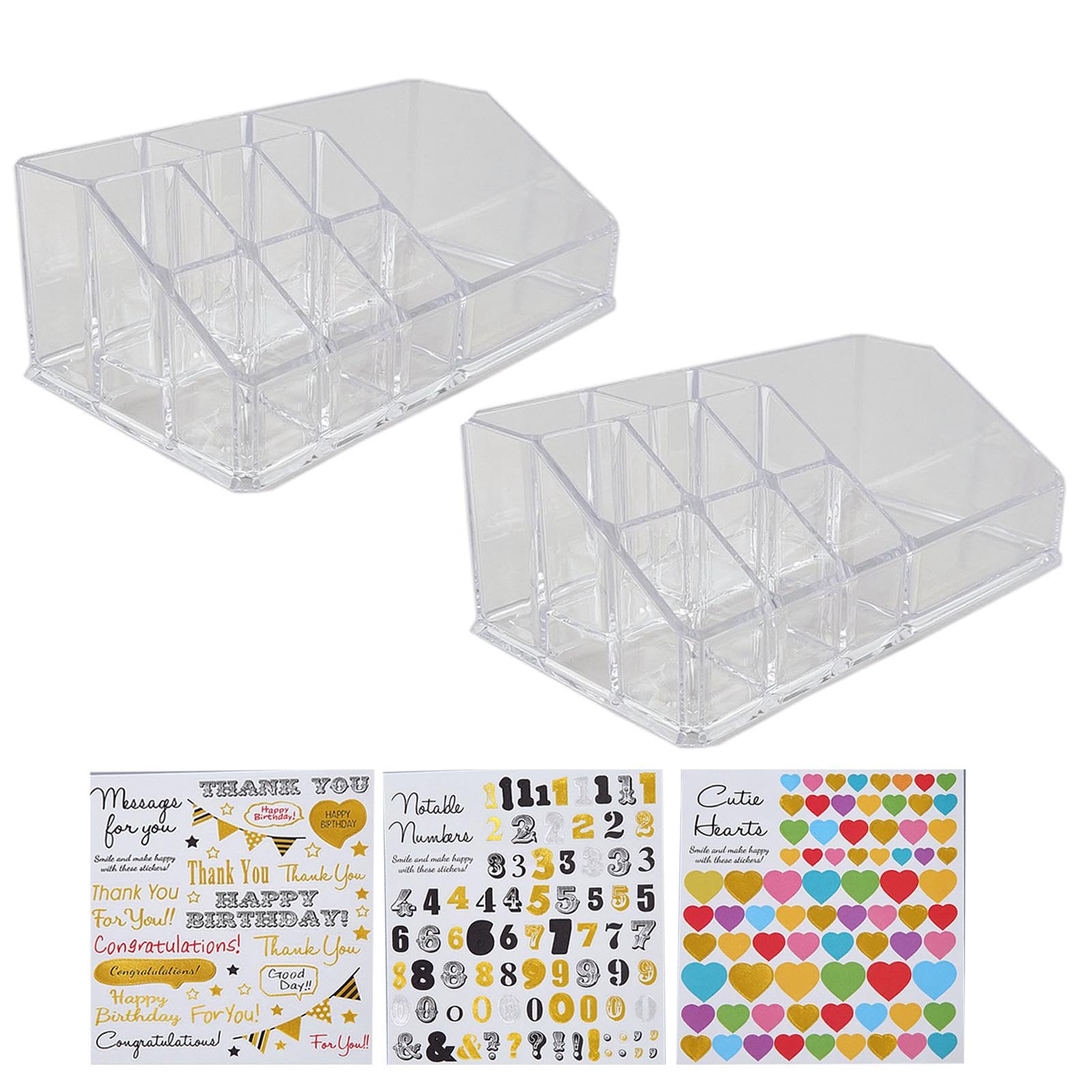 OTAIVE 2PCS Makeup Organiser Tray with 3PCS Decorative Stickers,Small Make Up Organiser with 10 Compartment, Cosmetic Display Case,for Lipstick Makeup Brush Eyeliner Nail