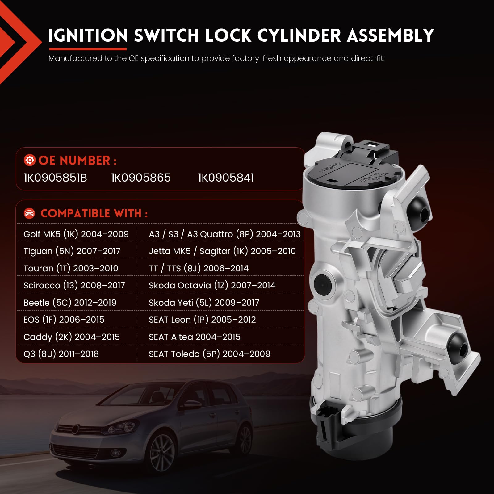 Zündschalter Zündschloss 1K0905851B mit 1 Funkschlüssel + 1 Türschlosszylinder für A3 Q3 TT Golf PLUS 5 6 Caddy EOS Scirocco Touran Tiguan Beetle Seat Altea Leon Octavia 1K0905841 1K0905865