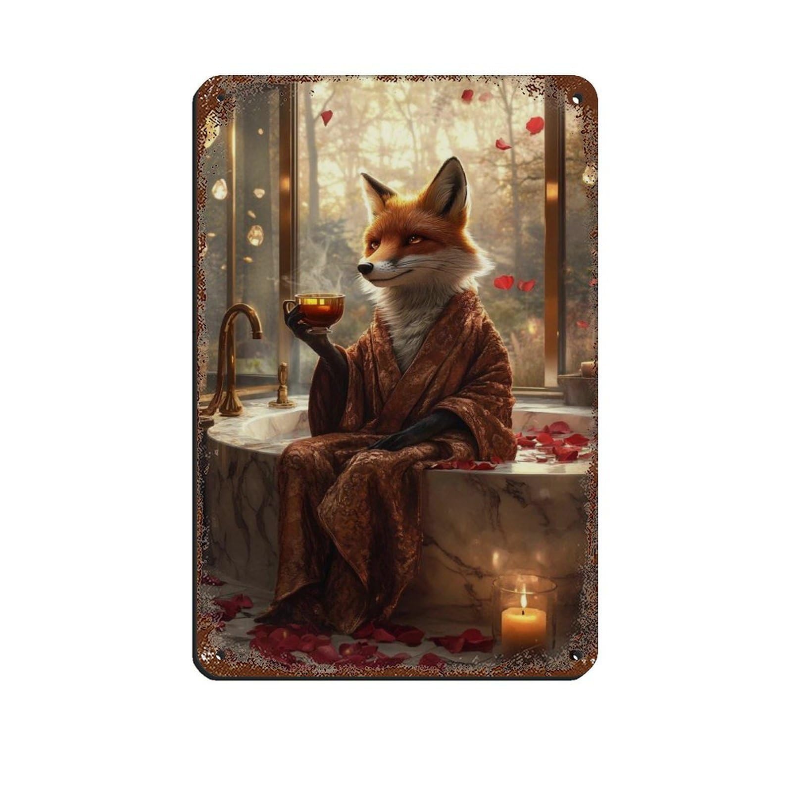 Fox Drinking Tea in Bathtub, Relaxing Fox Retro Poster Metal Tin Sign Chic Art Retro Iron Painting Bar People Cave Cafe Family Garage Poster Wall Decoration 8x12inch(20x30cm)