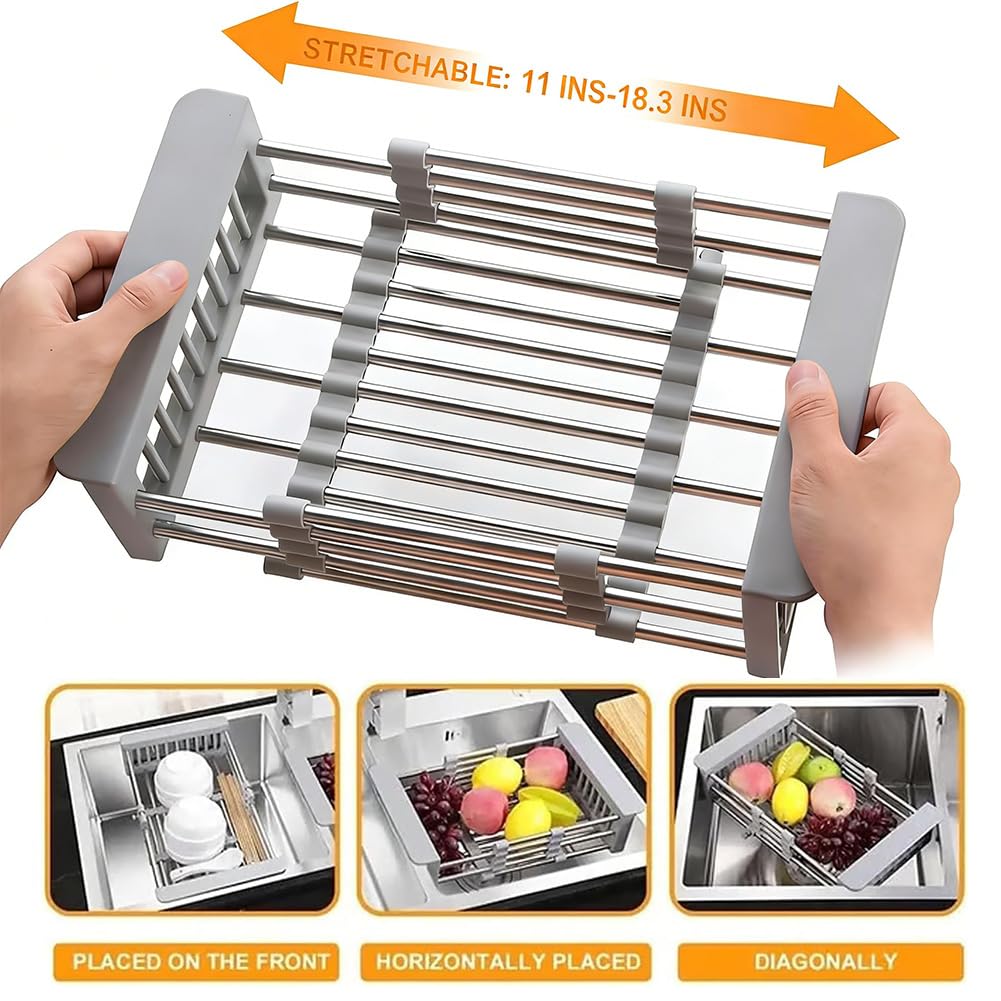 Escurridor extensible de acero inoxidable para fregadero de cocina, ideal para lavar y escurrir frutas y veterinarios, ahorro de espacio y diseño