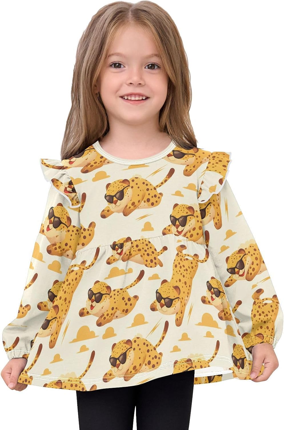 visesunny Toddler Clothes for Girls Fat Cheetah Sunglasses Long Sleeve Fall Shirts Cotton Top with Ruffle Collar