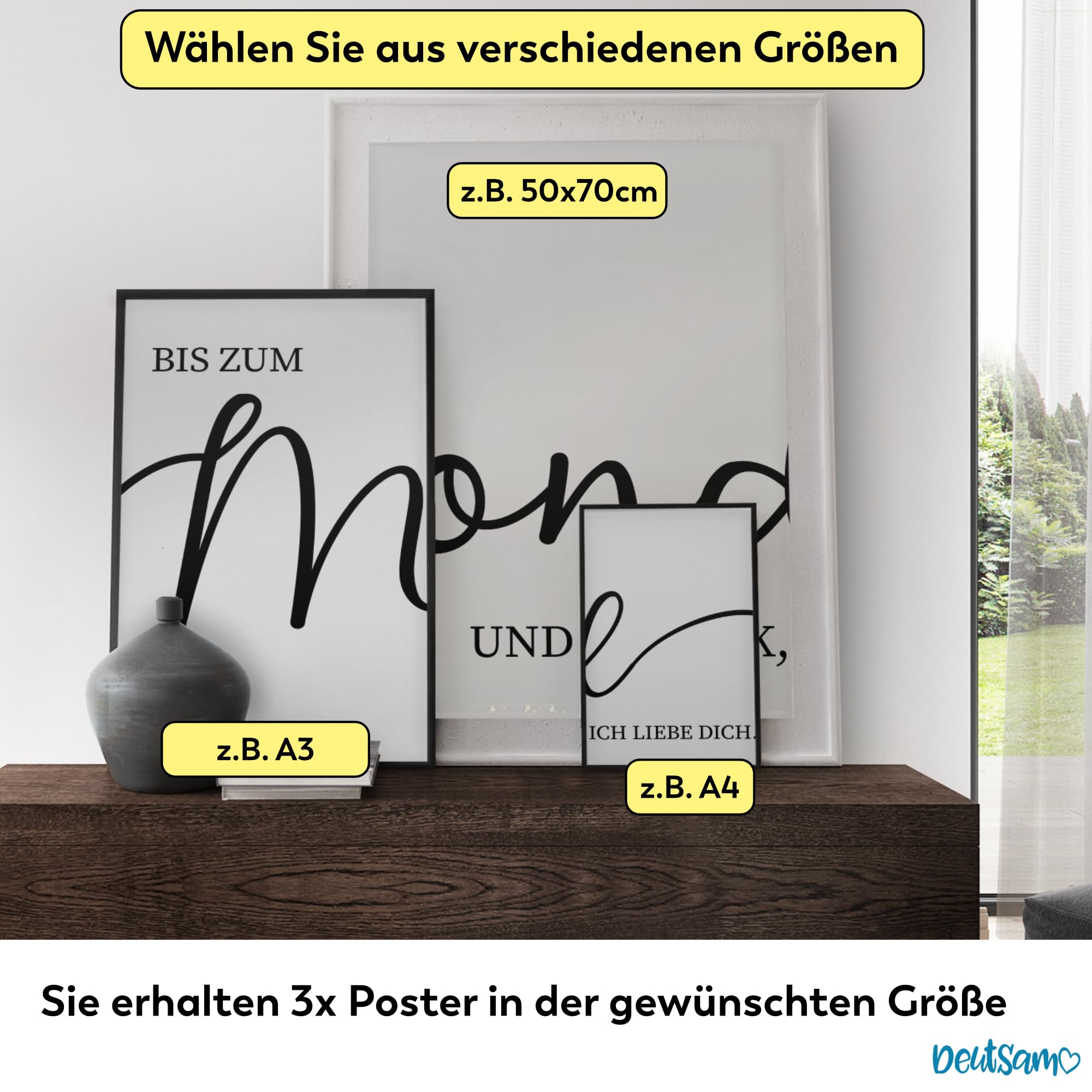 Deutsam 3er Poster Wandposter als Wohndeko für Wohnzimmer, Schlafzimmer, Flur oder Büro auch als Leinwand erhältlich (Bis um Mond, 50x70cm)