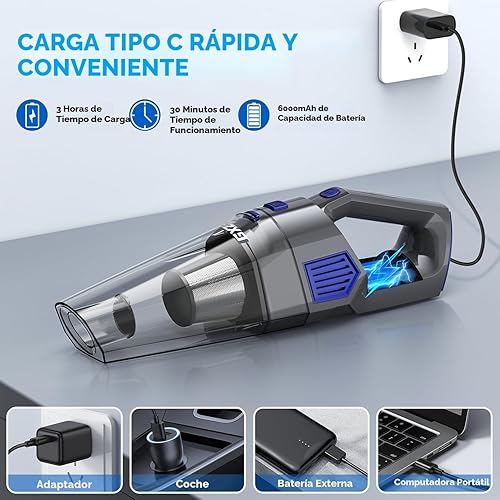 Miniatura 4 de Aspiradora de mano inalámbrica, 15000 PA de succión fuerte aspiradora de mano recargable, aspiradora de mano portátil con múltiples boquillas y