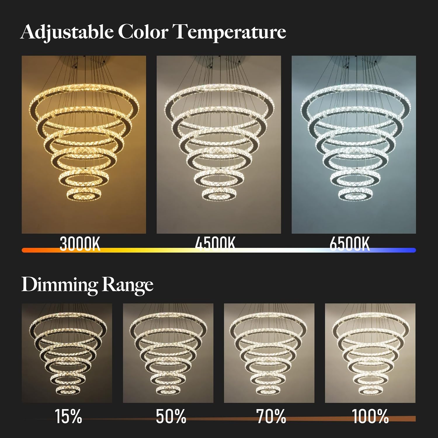 Dimmable Crystal LED Chandelier(3000-6500K) for High Ceiling – Remote Control, Adjustable Height, Modern Stainless Steel Fixture for Foyer, Staircase, Living Room(Chrome 6-Ring)