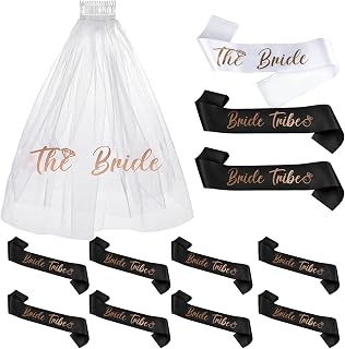 ShioShin Bride To Be Sash and Veil, Bachelorette Party Favors 11 Bride Sash and 1 Veil for Women Wedding, Bridal Shower Gifts and Bachelorette Party Accessories for Bridesmaids (Black)