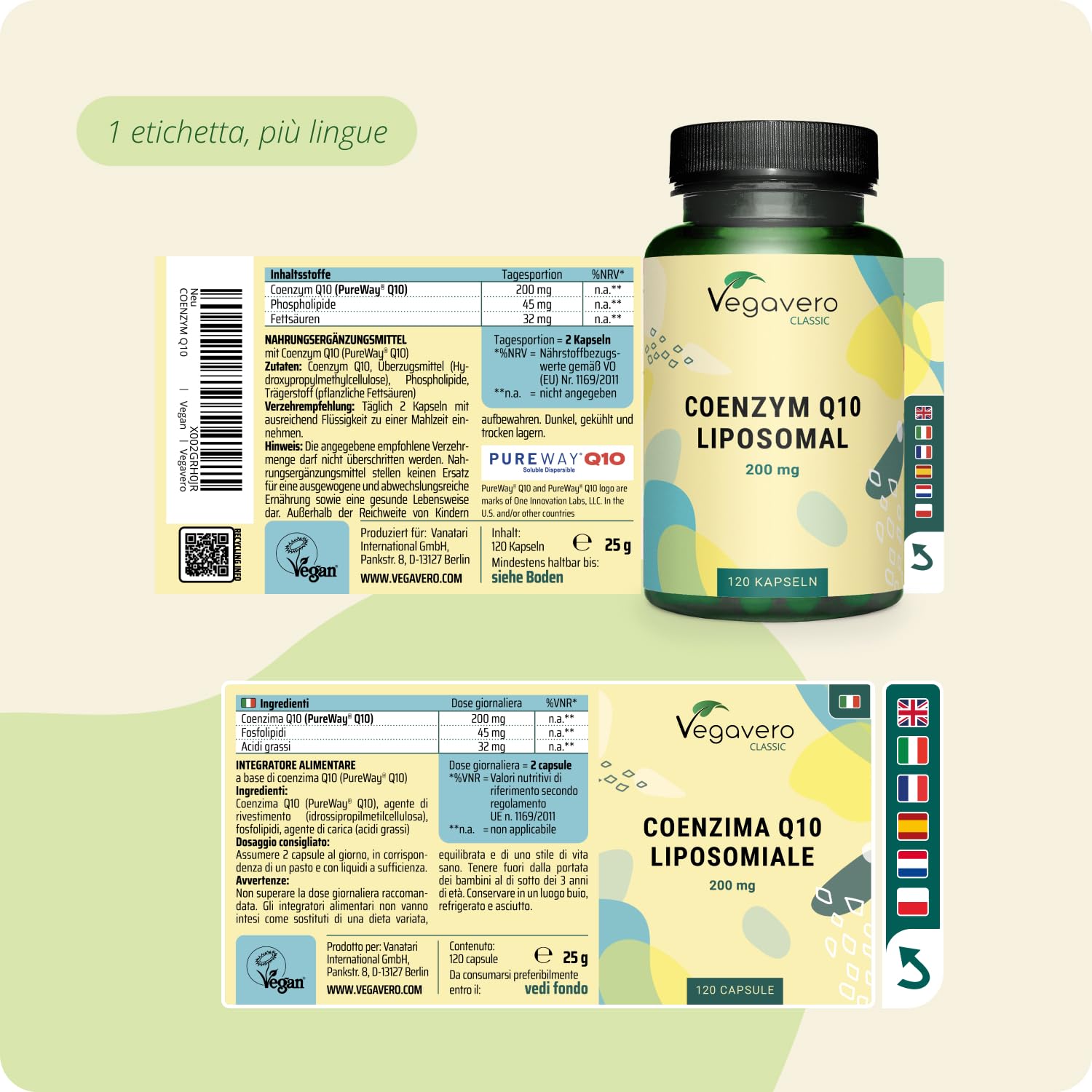 Coenzima Q10 200 mg | Tecnologia liposomiale ad alta biodisponibilità | Precursore dell'ubiquinolo | Potente antiossidante + antietà | Senza additivi e testato in laboratorio | Vegavero®