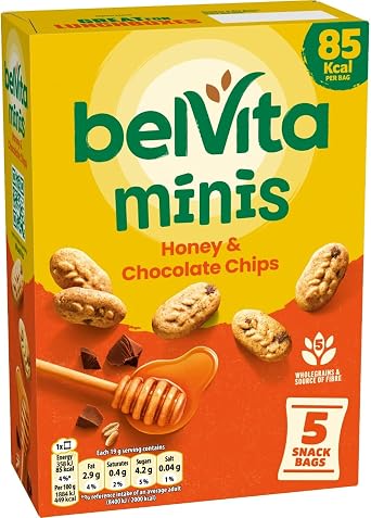 Belvita Minis, Honey & Chocolate Chips, 5 Snack Bags, 95 g (Pack of 1)
