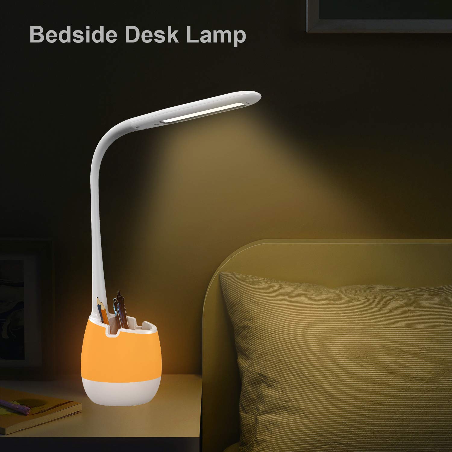 ERAY Lampe de Bureau Enfant, Lampe de Table D'étude Eye Caring avec Porte-Crayon/Batterie 2000mAh/8 Veilleuse Colorée/3 Modes/3 Niveaux de Luminosité/Contrôle Tactile, Lampe de Chevet pour Enfants
