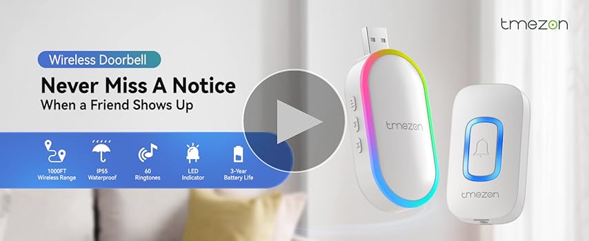 TMEZON Wireless Doorbell With USB Receiver, Waterproof Plug In Battery