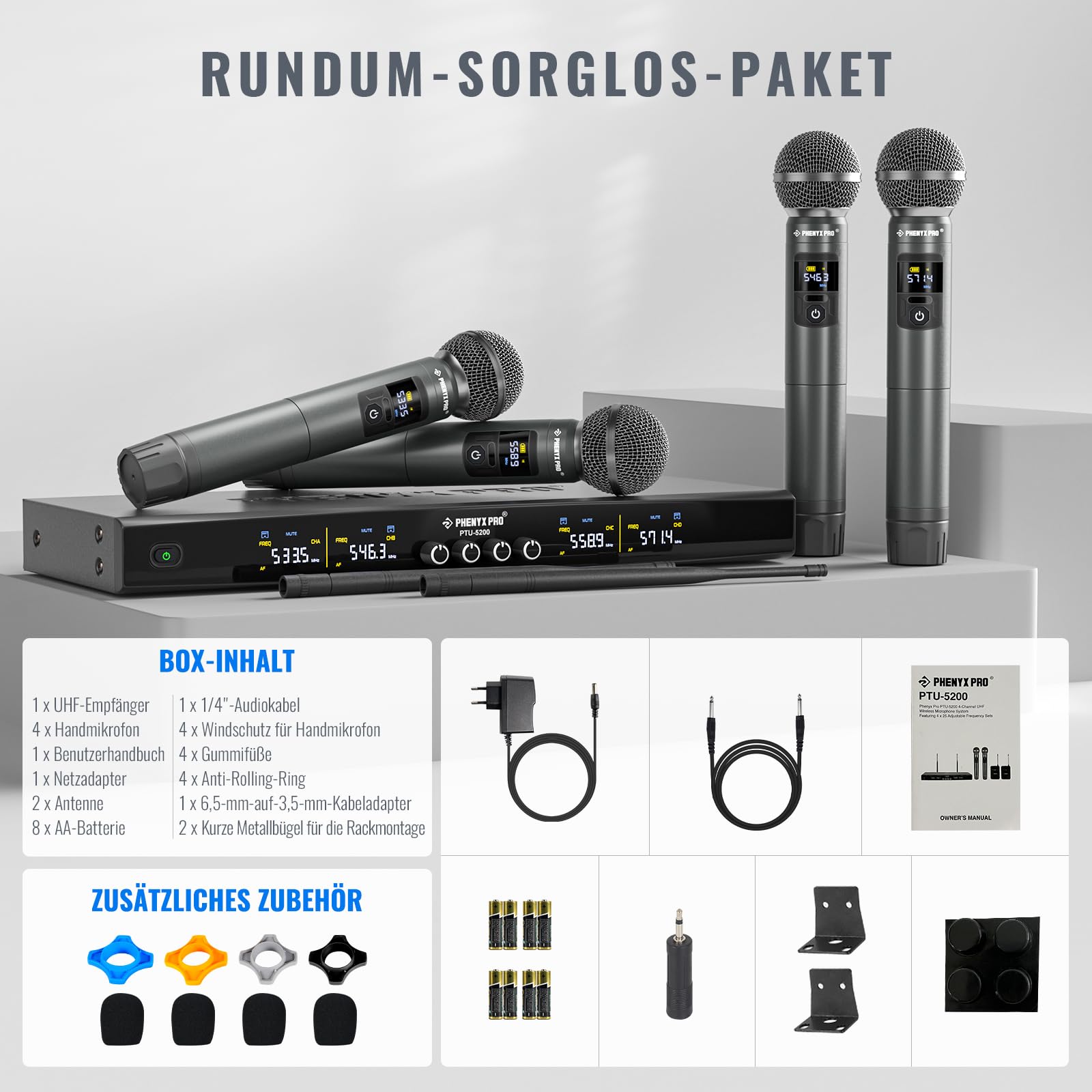 Phenyx Pro 4-Kanal UHF Funkmikrofon-System PTU-5200-4H | 4 kabellose Handmikros, 4 x 25 Frequenzen, 200 ft Reichweite, Gesang, Karaoke, Gottesdienste, DJ-Sets