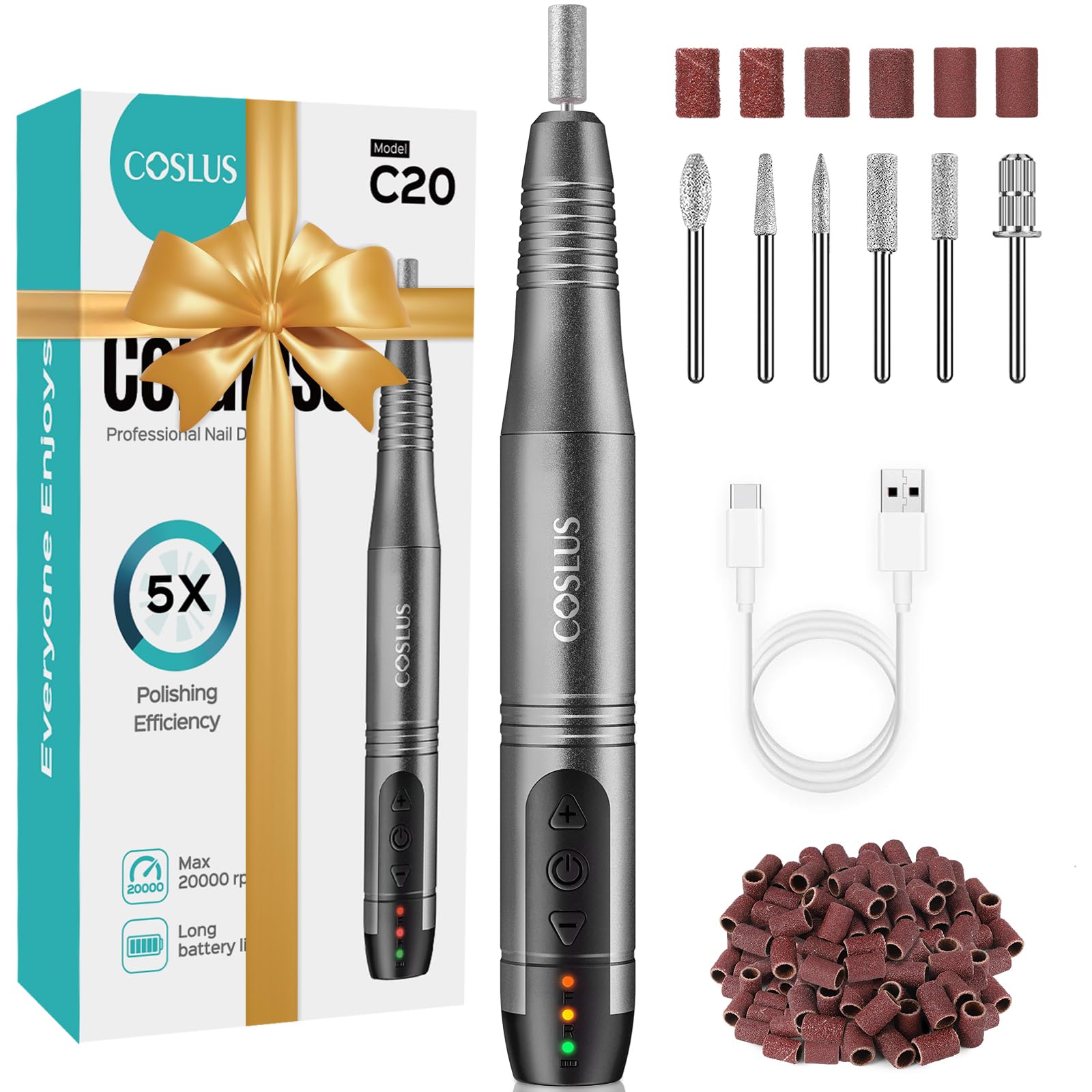 COSLUS C20 Kabellos Tragbar Nagelfräser, 11 in 1 Profi Maniküre und Pediküreset, Nagelfeile für Gelnägel und Acrylnägel, Nagelformen, Entfernen von Hornhaut