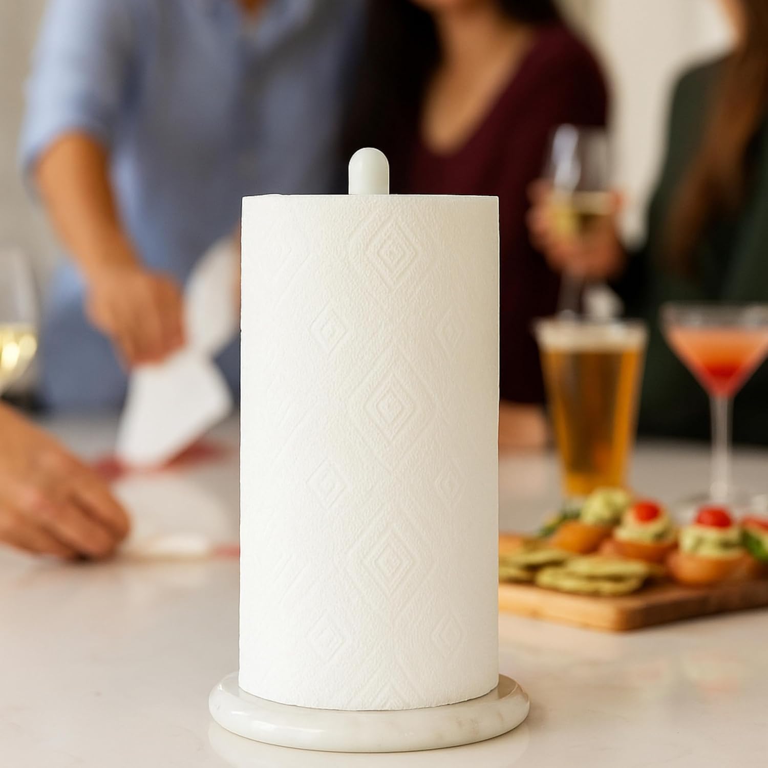 Creative Home Natural Marble Base Paper Towel Holder Countertop, Stable Roll Dispenser with Powder Coated Pole for Kitchen Bathroom, Elegant Organization Décor, 5.5 D x 12.6 H Inch, White