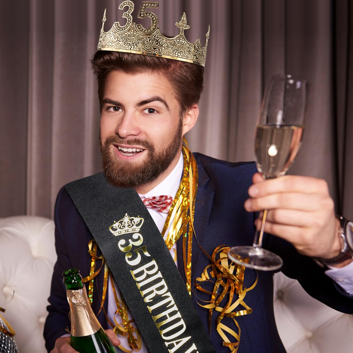 TOBATOBA 35th Birthday King Crown & Sash Set, Men's 35th Birthday Decorations, Gold