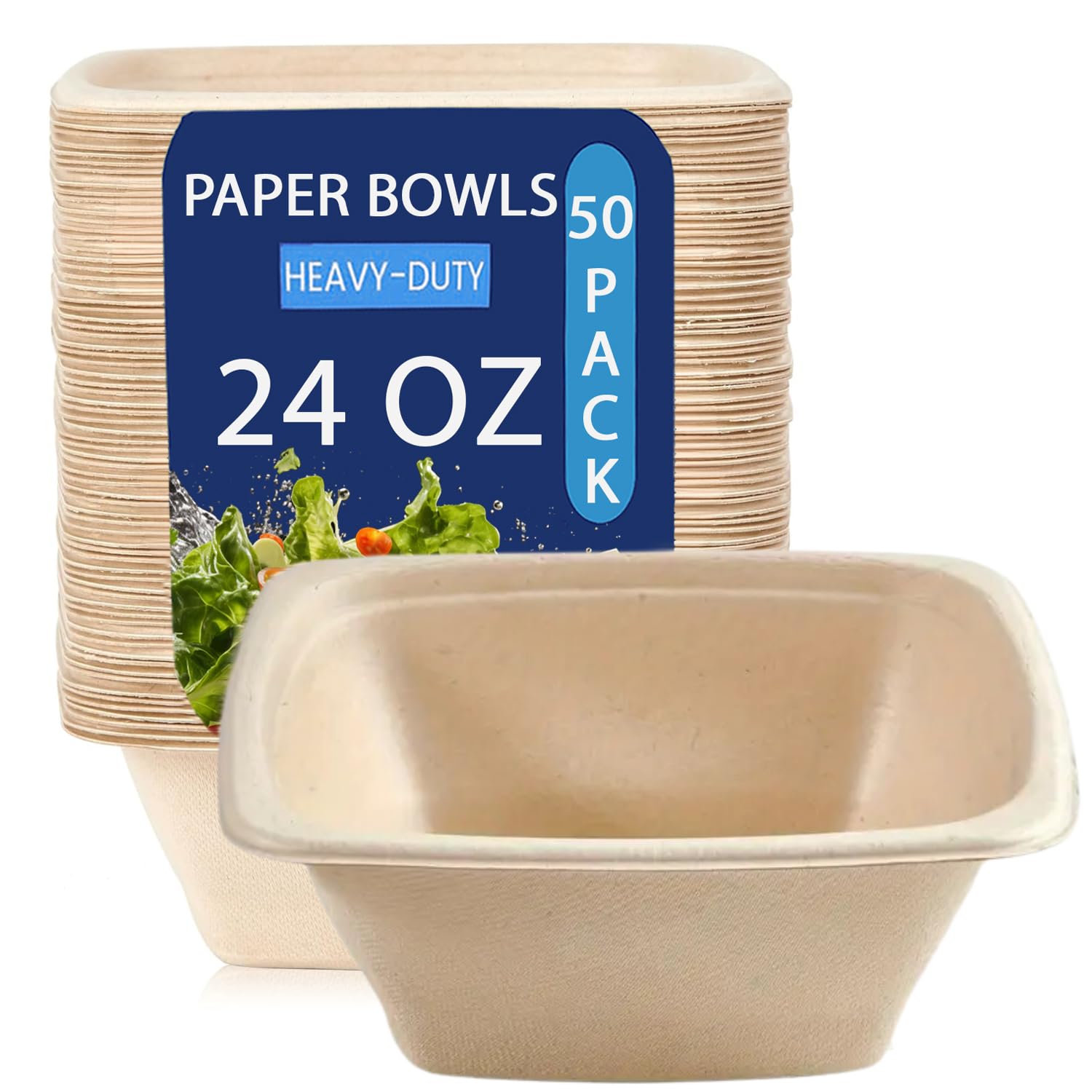 50-Pack 24oz Compostable Square Paper Bowls Unbleached Heavy-Duty Eco-Friendly Bagasse Bowls Disposable Meal Bowls for Cereal Snacks BBQ Picnic Birthday Party Biodegradable Premium Quality Dinnerware