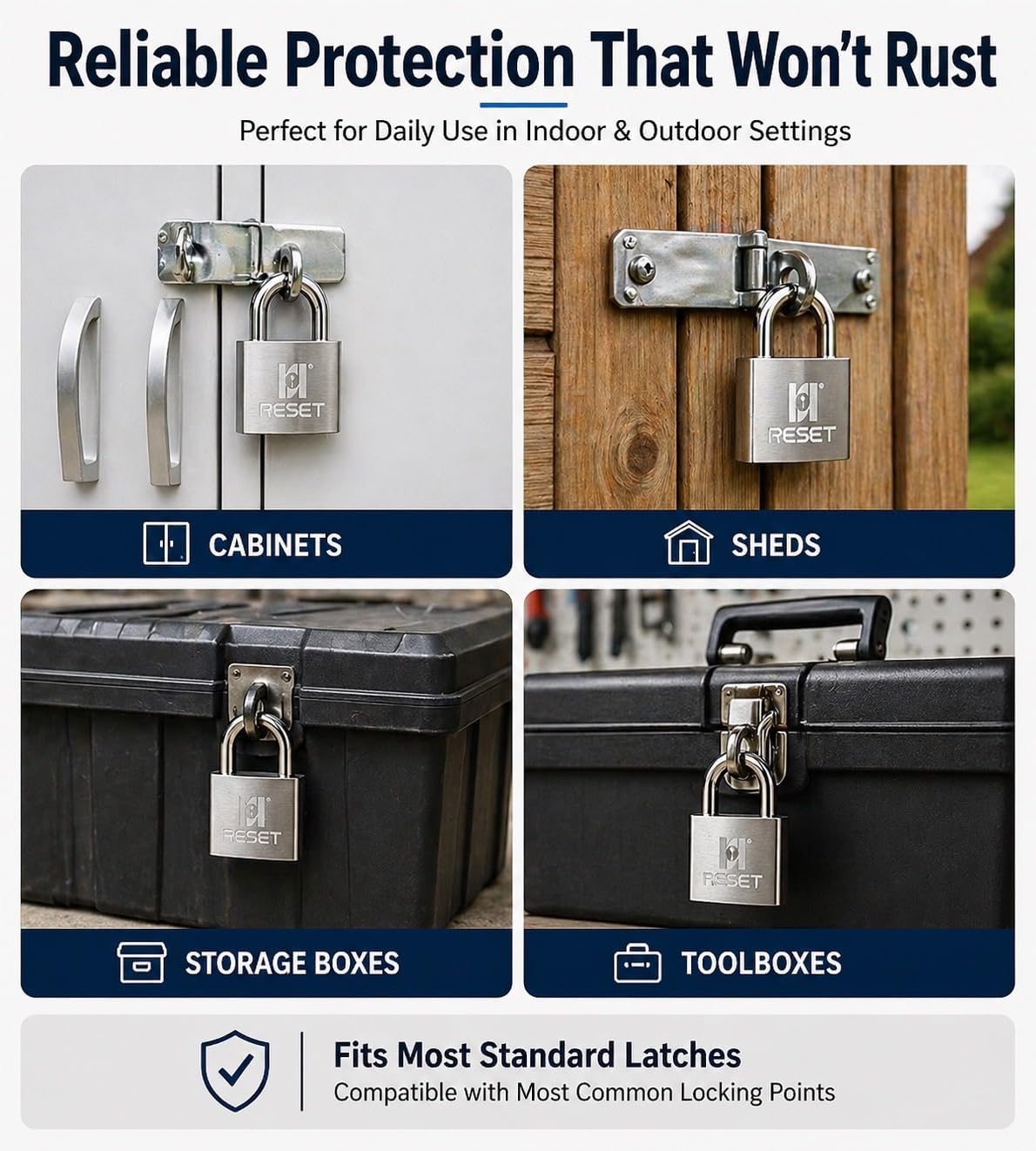 RESET-909 50mm Heavy Duty Stainless Steel Padlock, 2.0 Inch Wide Weatherproof Outdoor Keyed Lock for Gate, Fence, Shed and Storage, Keyed Different, Standard Shackle, 1 Pack