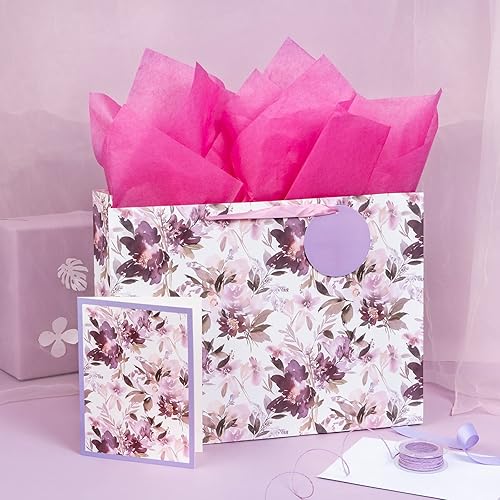 Miniatura 3 de MAYPLUSS Bolsa de regalo extra grande de 16 pulgadas con tarjeta de felicitación y papel de seda, floral morado para el día de la madre, cumpleaños