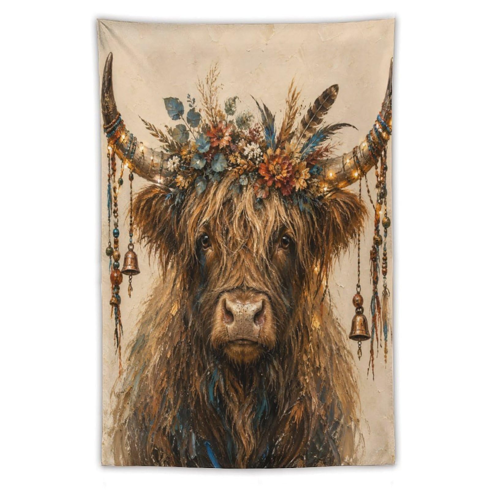 H3B8U2Y5 Highland Cow Rustic Portrait Wall Tapestry, Warm Country Mood