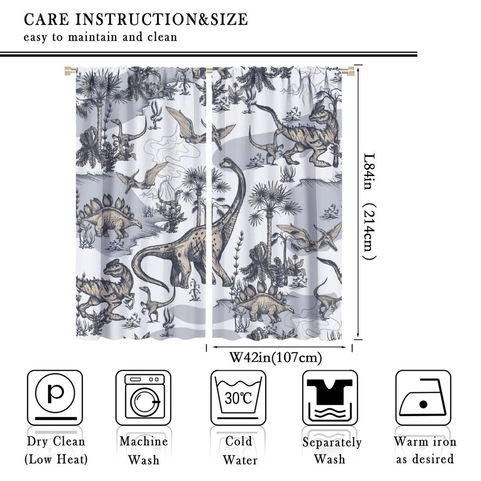 INSFBRB Rustic Dinosaurs Rod Pocket Blackout Curtains for Living Room,Room Darkening Abstract Hand Painting Cartoon Animal Dino Jungle Window Treatment,2 Panels 84L x 42W