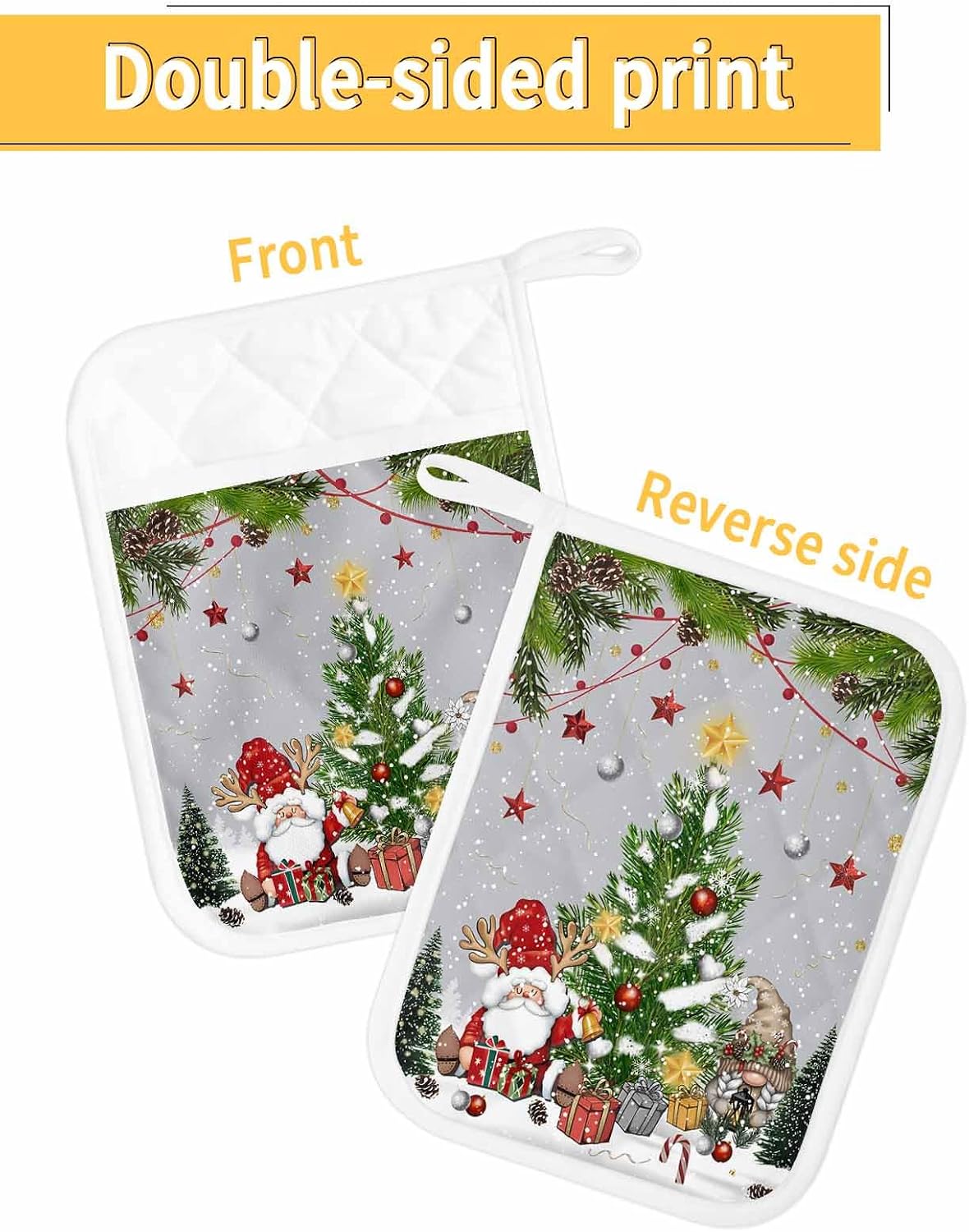 4PCS Pot Holders with Pocket for Kitchen, Grey Christmas Pot Holder Set Heat Insulation Potholders, Gnomes Xmas Tree Snowflake Winter Gifts Oven Mitts Hot Pads for Baking Cooking Barbecue