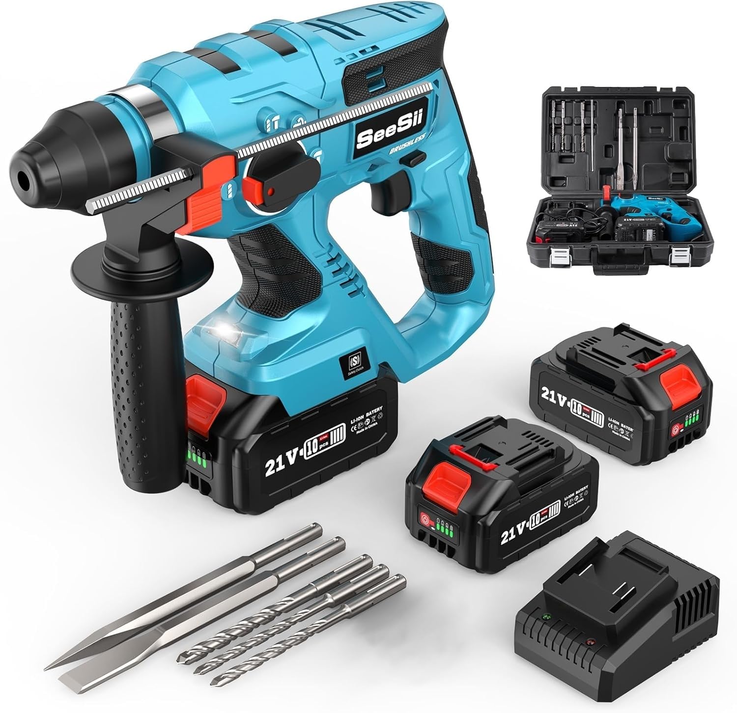 Seesii 4-in-1 Martillo Perforador a Bateria: SDS-plus, 2 x 4.0Ah Baterías, Motor sin Escobillas, 2.1J Juego de Martillo Percutor, en Renovaciones Domésticas y Para Aficionados al Bricolaje