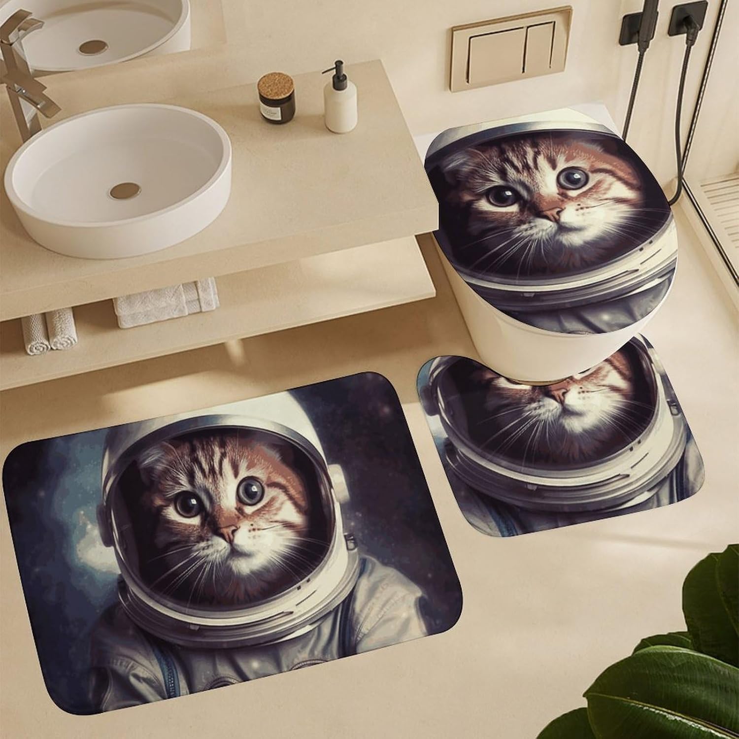 Animal Cat Astronaut Shower Curtains Set 4 Piece with Non-Slip Rugs, Toilet Lid Cover and Bath Mat Soft Bathroom Carpet Waterproof Bathroom Curtain with 12 Hooks for Bathroom Decor